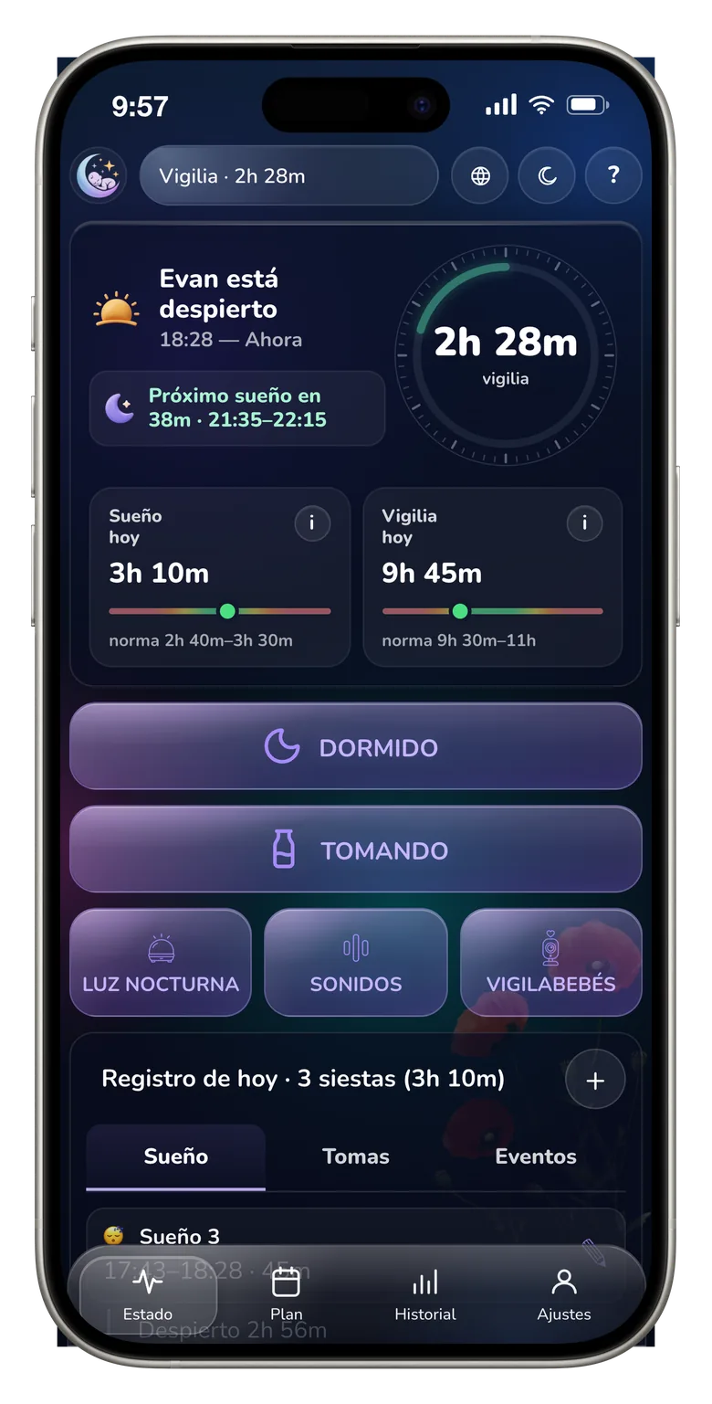 Pantalla de la app NapCoach con el tiempo que falta para la próxima siesta