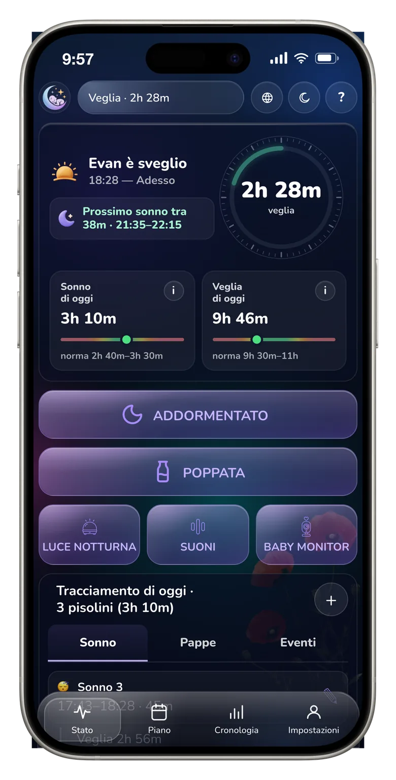 Schermata dell’app NapCoach con il tempo che manca al prossimo pisolino
