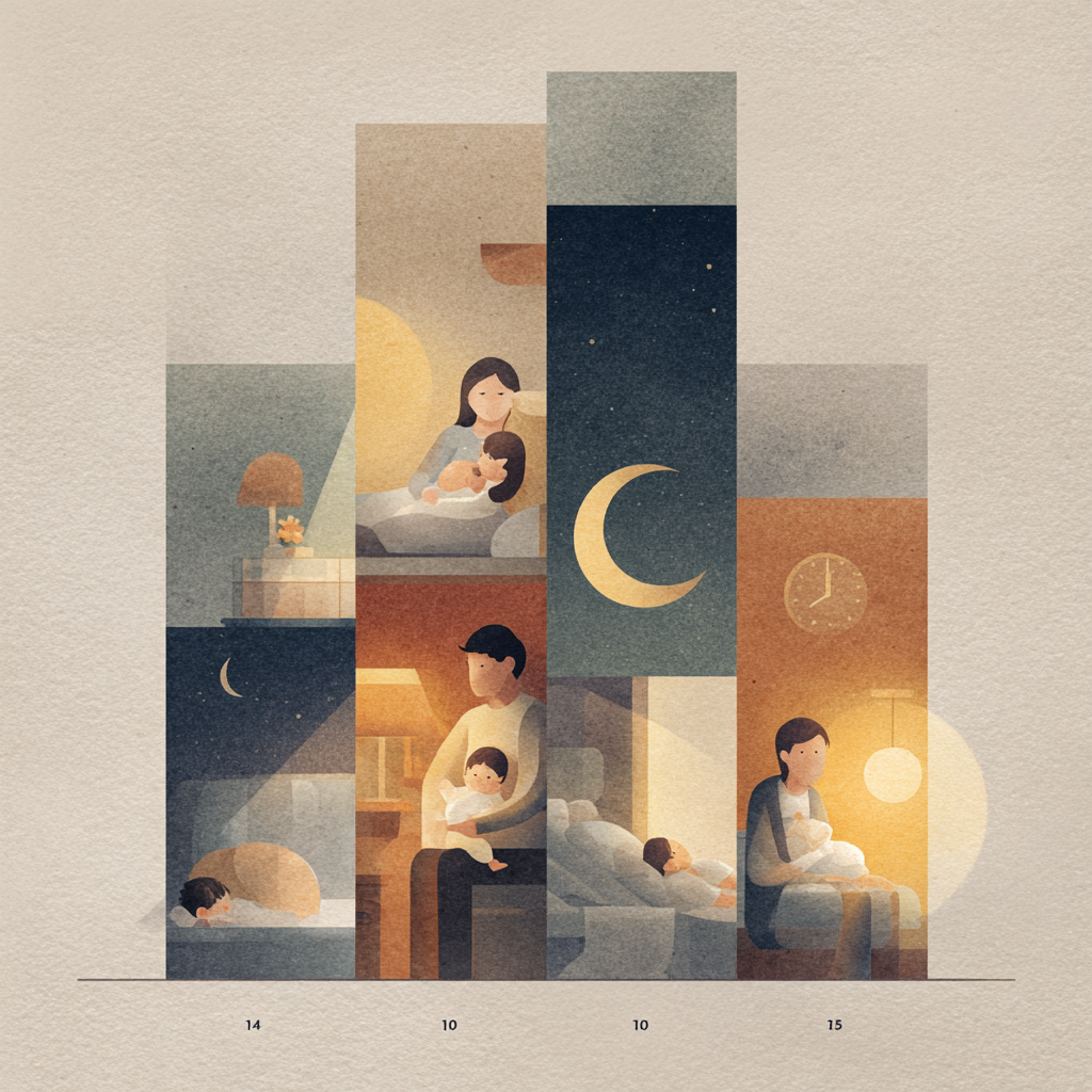 Иллюстрация родителя и малыша, передающая ритм дня и смену сна и бодрствования.