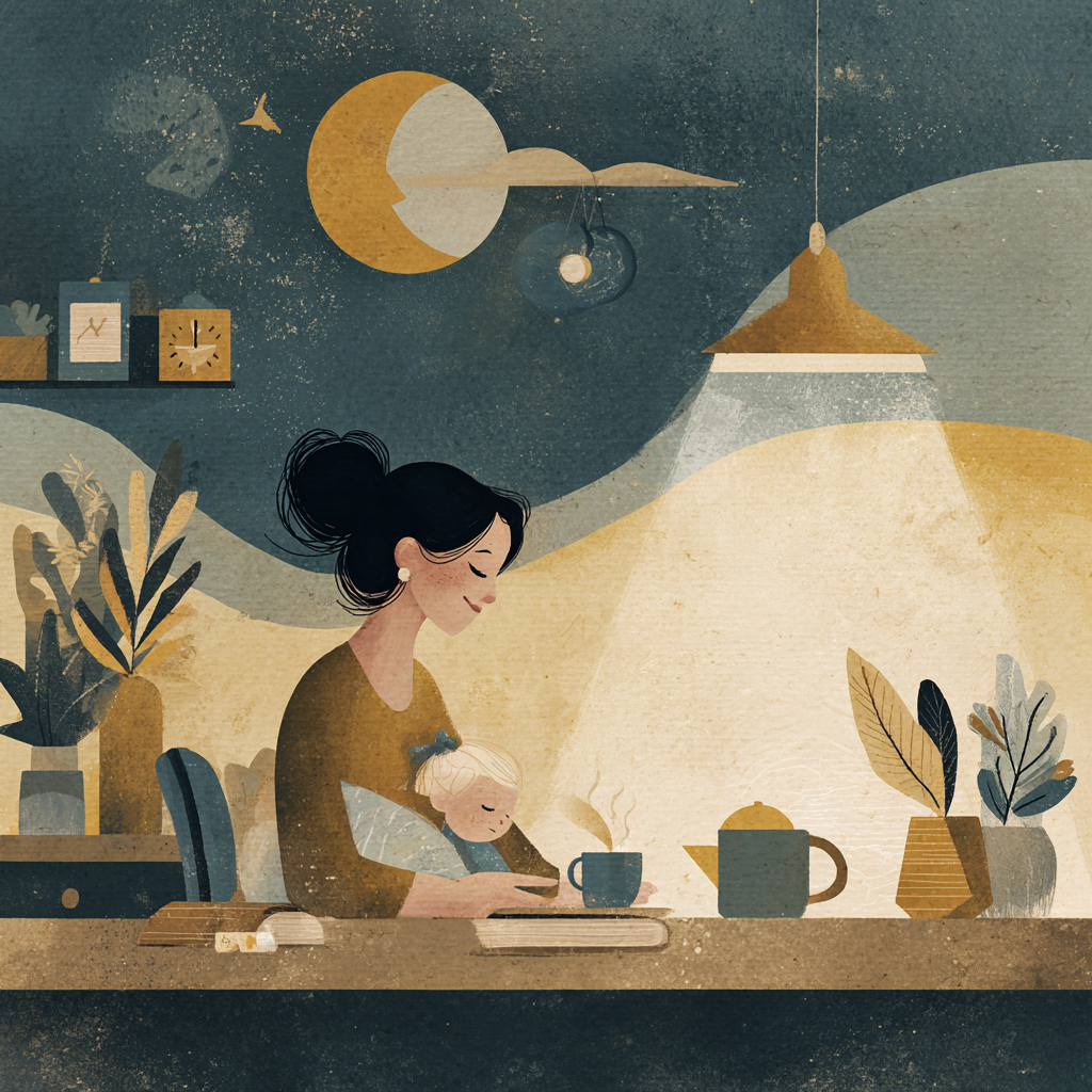 Спокойная иллюстрация родителя, который вечером разбирается с режимом дня ребёнка.