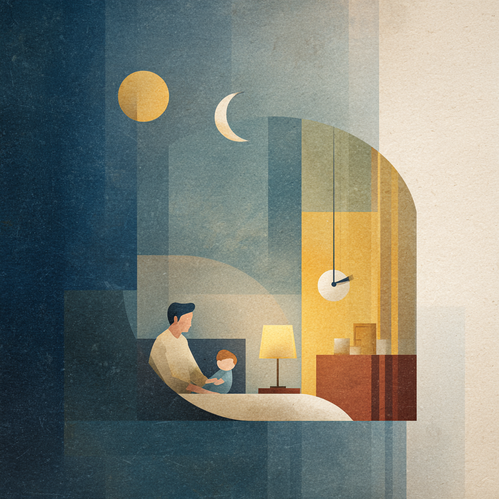 Иллюстрация спокойного момента перед укладыванием малыша ко сну.